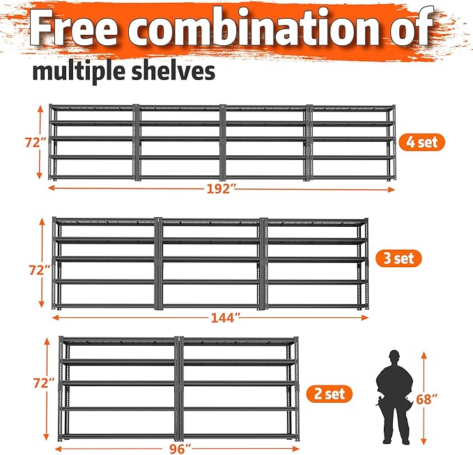Storage Shelves Heavy Duty, 4 PCS 48" L x 18" W x 72" H Garage Wire Shelving Unit Loads 2800LBS, 5-tier Adjustable Metal Industrial Utility Shelf Rack for Kitchen, Laundry Room, Warehouse, Basement