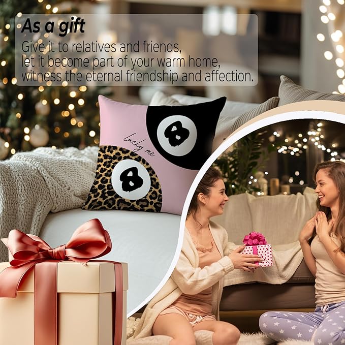 Preppy Pink Lucky 8 Ball Leopard Throw Pillow Covers 18x18, Cheetah Print Room Decor, Trendy Funky Y2K Leopard Print Motivational Decorative Pillow Covers for Girls Room Dorm Apartment