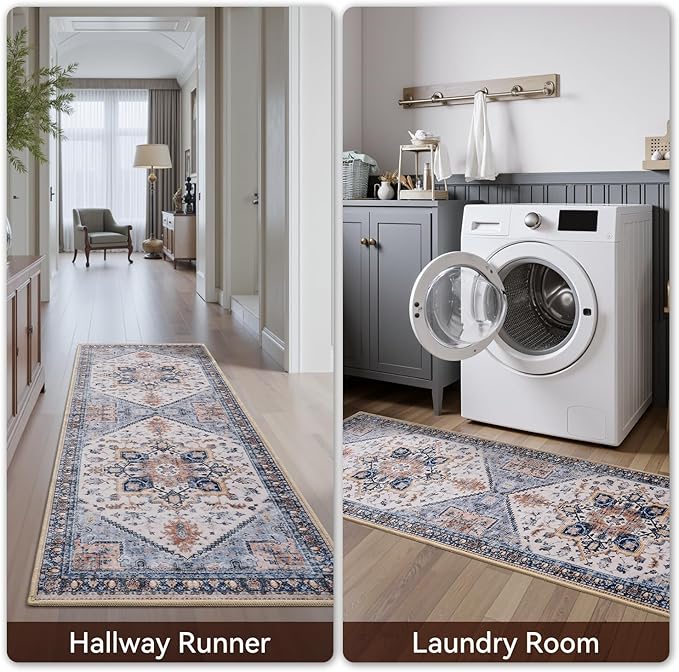 Runner 2x6 Runners for Hallways Runner-Rugs for Bedroom Soft Kitchen Machine Washable Vintage Oriental Floral Medallion Laundry Rug Non Slip Blue Rust