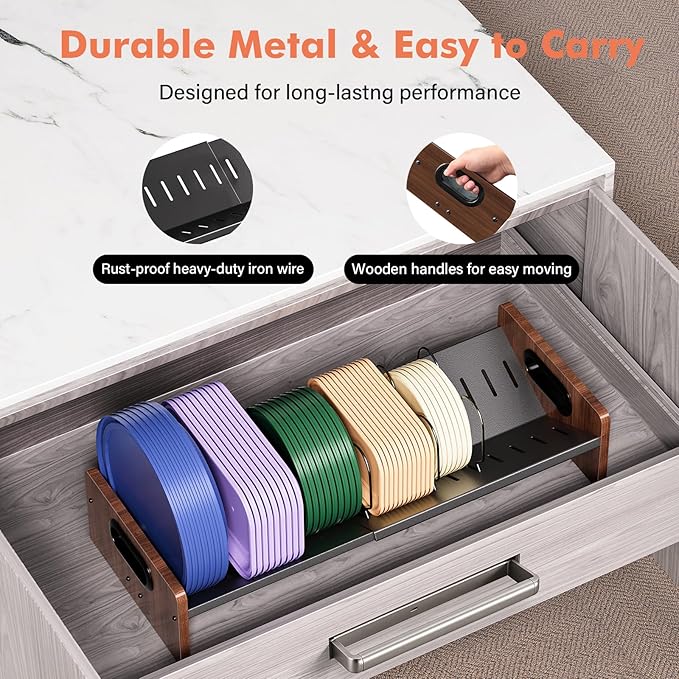 Expandable Food Container Lid Holder Organizer, Adjustable 13.97-22 Inch V-Shaped Kitchen Cabinet Storage Rack with 20 Slots & 6 Adjustable Dividers for Lids, Cutting Boards, Baking Pans