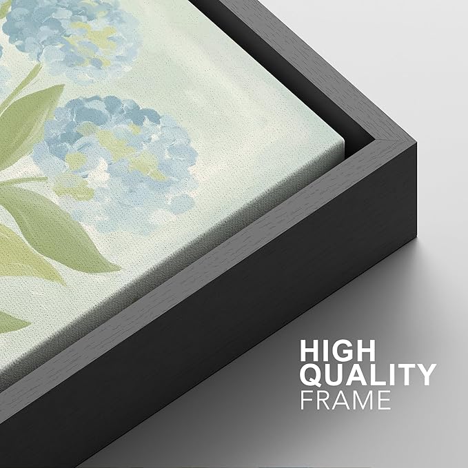 SIGNFORD Framed Canvas Print Wall Art Set Soft Hydrangea Pair Light Blue Florals with Green Leaves Illustration Modern Art Decorative Nordic Nature for Living Room, Bedroom, Office - 16"x24"x2 Black