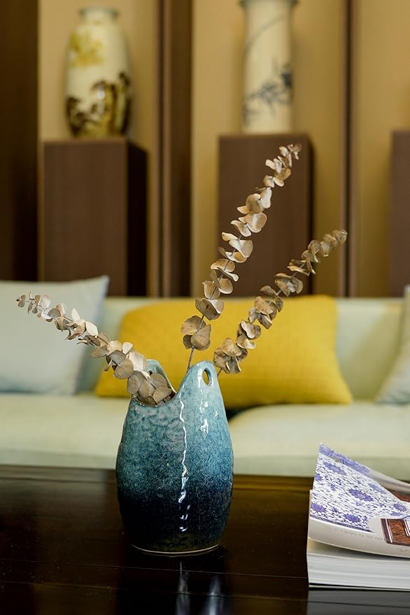 Rustic Pottery Ceramic Vase - Vintage Farmhouse Style Decor, White Grid Ceramic Vases for Home Decor, Modern Farmhouse Decor (Blue)