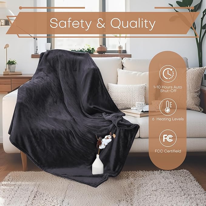 Electric Heated Blanket Full Size 72"x84" - Flannel & Sherpa Fabric Dual-Sided, 6 Heat Settings & 1-10 Hours Auto Off, Soft & Cozy Warming Throw for Home, Office, or Bed, Machine Washable, Iron Gray