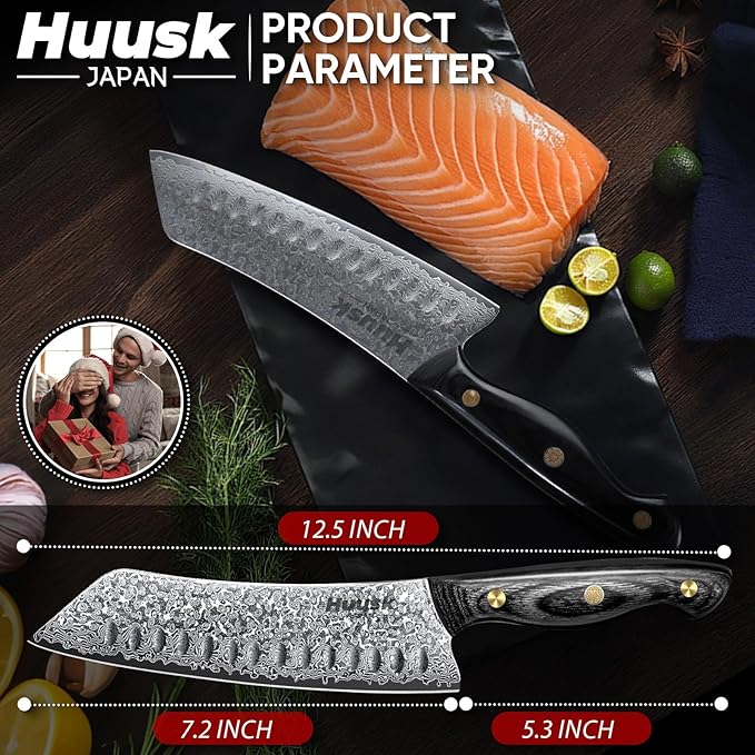 Huusk Damascus Kiritsuke Knife 7inch - Japanese Knives with Sharp Edge and Wooden Handle Hand Forged Chef Knives for Home Use, Meat Vegetables Fish Knives, Birthday Gift for Men