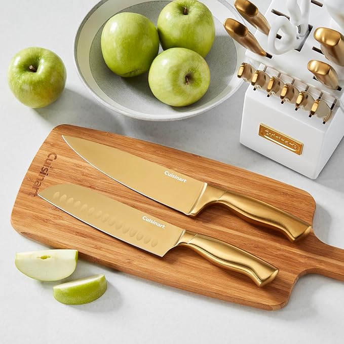 Cuisinart Professional Block Knife Set, 15pc Cutlery Knife Set with Steel Blades for Precise Cutting, Lightweight, Stainless Steel, Durable & Dishwasher Safe (White/Gold)