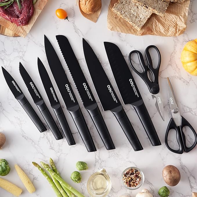 OOU Kitchen Knife Set - 15 Pcs High Carbon Stainless Steel Chef Knife Sets, Dishwasher Safe Black Knives Block Set With Built in Sharpener, Gifts for Men Women