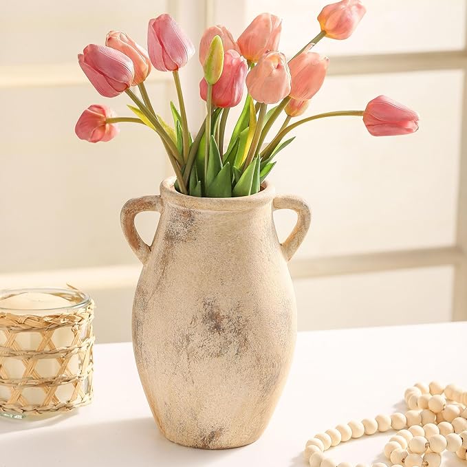 Ceramic Vase with Handles, 9.05 inch Tall Terracotta Decorative Pottery Flower Vase for Home Farmhouse Decor, Dining Table, Living Room, Kitchen, Office
