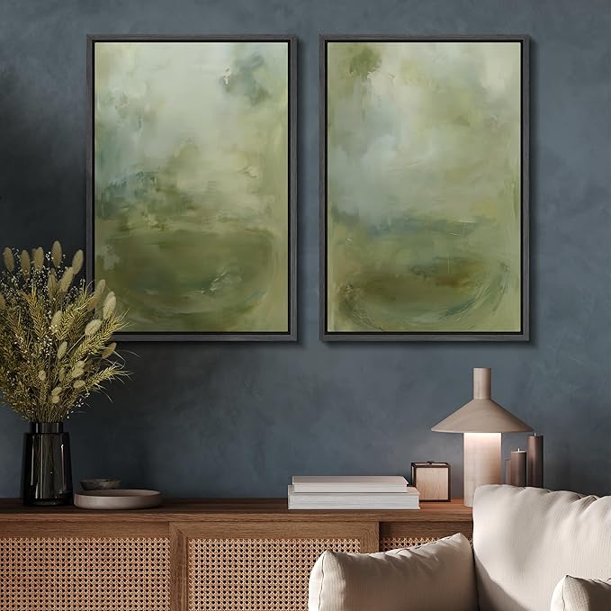 SIGNFORD Framed Canvas Print Wall Art Set Soft Green Abstract Contemporary Neutral Landscape Illustration Modern Art Decorative Nordic Nature for Living Room, Bedroom, Office - 16"x24"x2 Black