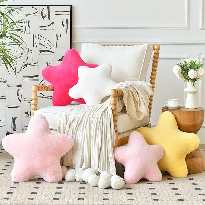 Xiashrk Star Pillow, Decorative Throw Pillows for Bed Couch, 19.6" Star Shaped Pillow Plush Floor Cushions Room Decor Pillow with Soft Faux Rabbit Fur for Sofa Bedroom Living Room