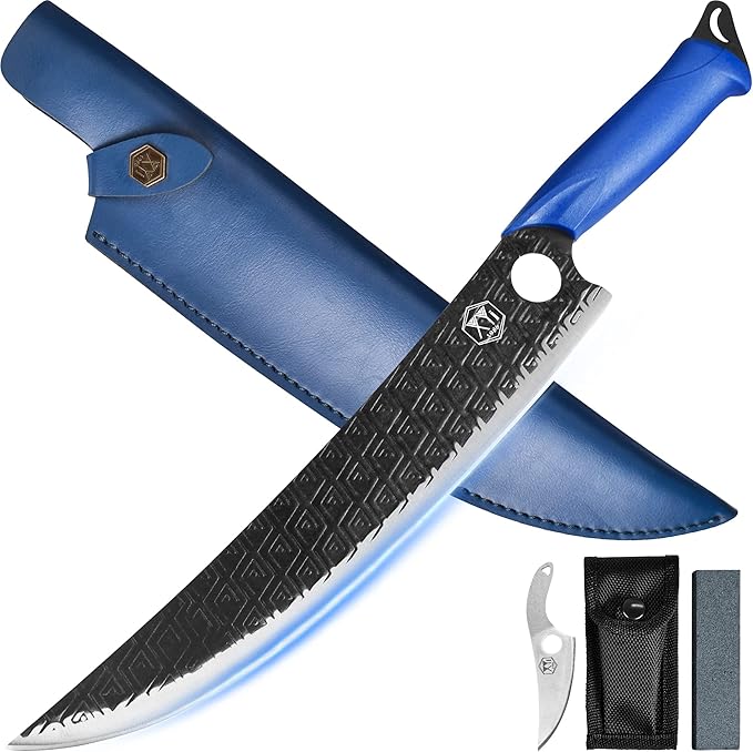 XYJ Portable Chef Knife Set Professional,Since 1986,Camping Boning Knife,Slice Butcher Knives with Leather Sheath,Finger Hole Blade,Outdoor Cooking,Full Tang (12 Inch)