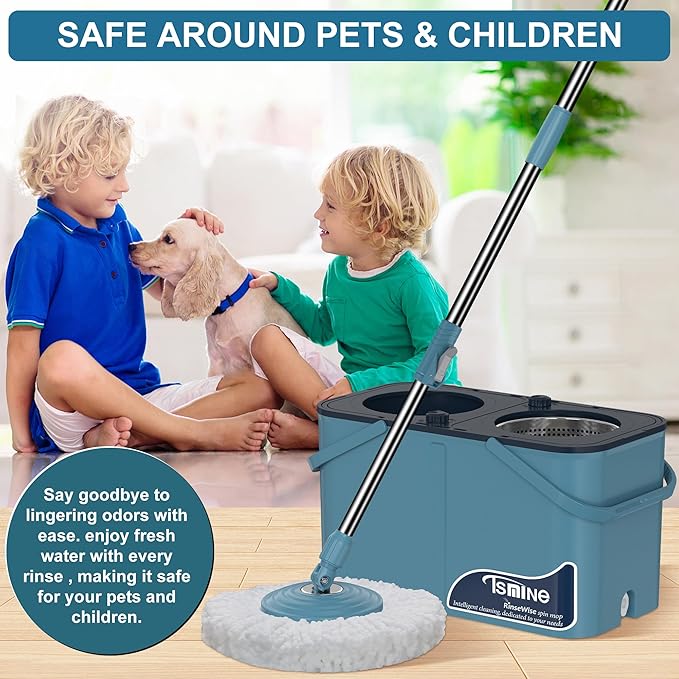 Spin Mop and Bucket,Mop Bucket with Separates Dirty and Clean Water,4-Chamber Mop and Bucket with Wringer Set for Home, Best Household Cleaning Tools with 6 Replacement Mop Heads,4X Wheel