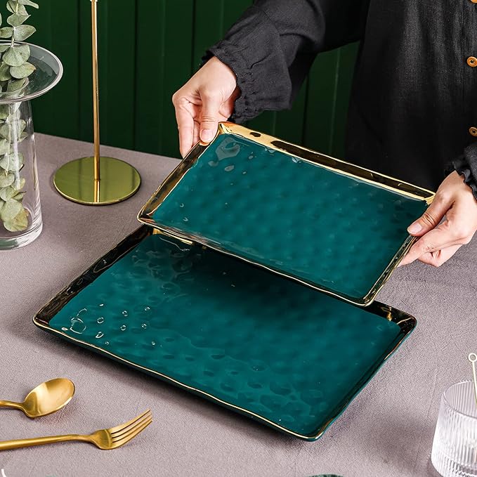 Stone Lain Florian Porcelain Large and Medium Rectangle Service Platters, Green with Gold Rim