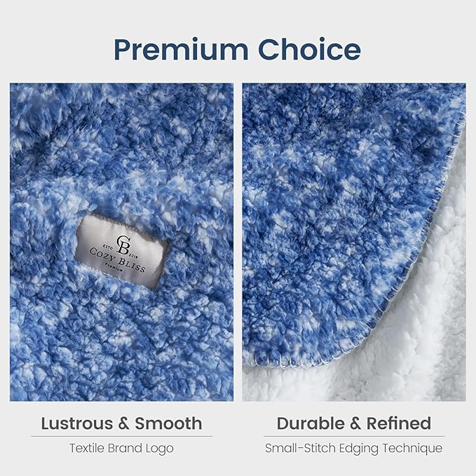 Cozy Bliss Luxury Sherpa Throw Blanket for Couch, Premium Reversible Plush Thick Throw, Warm Cozy Soft Blanket for Home and Gifts (Mottled Navy Blue, 50" x 60")