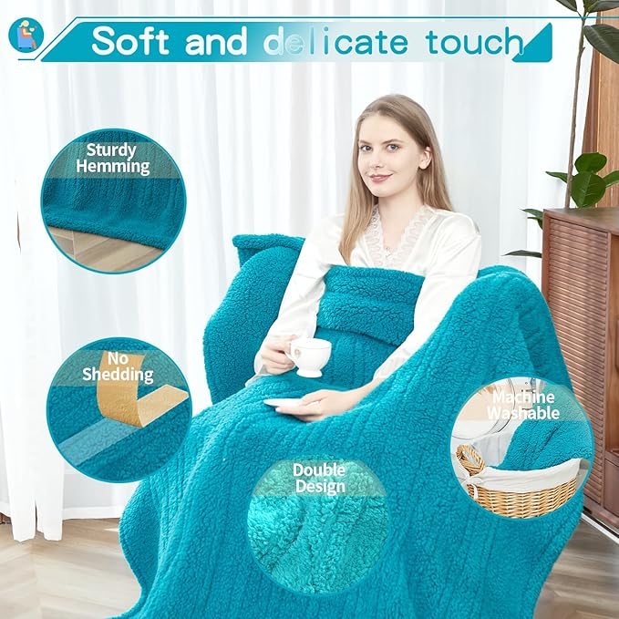 Heated Throw Blanket Double Sided Sherpa, Soft Heating Electric Blanket for Bed, Automatic Safety System, 6 Heating Levels & 4 Hours Auto-Off, 50"x60" Lake Green