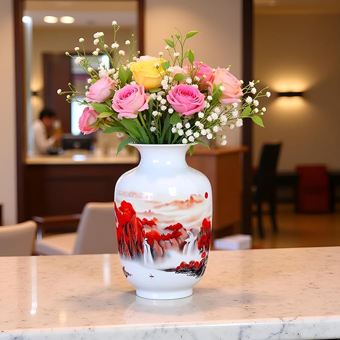 MTME Porcelain Figurines, Jingdezhen Decorative Flower vase, Melon Sr. Home Decor, Wedding Gifts, Aesthetic Sculpture Home décor (Red Sun)