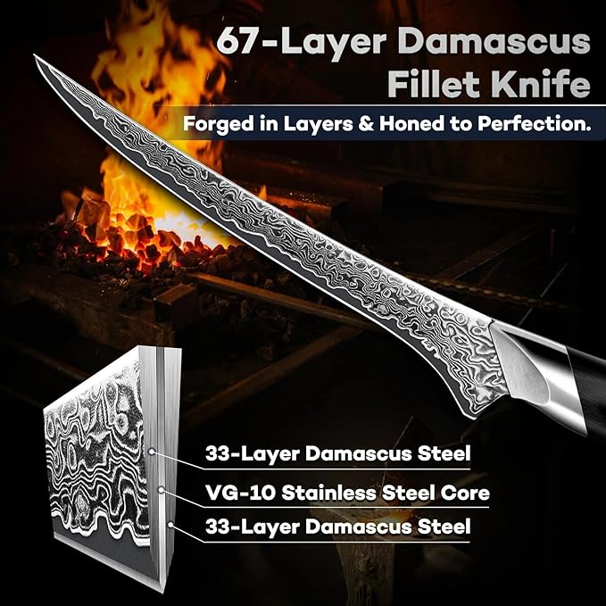 DRAGON RIOT Japanese Fillet Knife, 7 inch Meat Boning Knife with VG10 Steel Core, Damascus Pattern, Flexible Blade, Ergonomic Handle, Fishing Gift for Men
