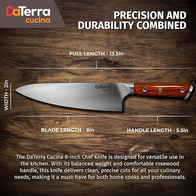 DaTerra Cucina - 8 Inch Chef Knife – German Steel Professional Kitchen Knife with Ergonomic Rosewood Handle, Sharp, Durable, Easy to Clean | Ideal for Chopping, Slicing & Dicing