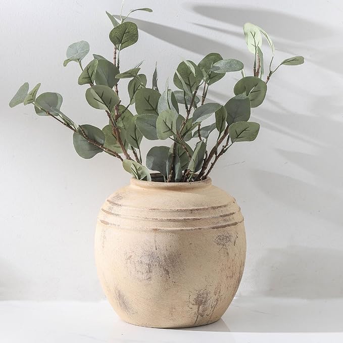 Ceramic Flower Vase, 8.66 inch Tall Round Rustic Farmhouse Decorative Vase for Home Decor, Living Room Entryway Table Centerpiece Decor