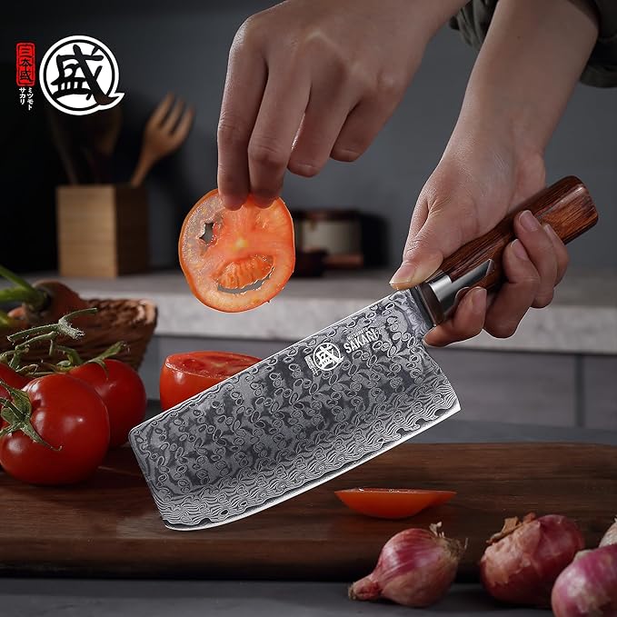 MITSUMOTO SAKARI Cleaver Knife 7 inch, S301 Damascus Steel Traditional Meat Cleaver (Hand Forged)