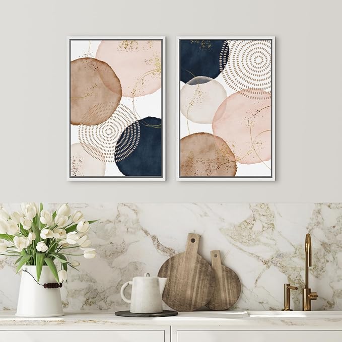 SIGNFORD Framed Wall Art Print Set Pastel Watercolor Vibrant Circle Collage Abstract Shapes Illustrations Modern Minimalist Relax/Calm Multicolor for Living Room, Bedroom, Office - 24"x36"x2 White