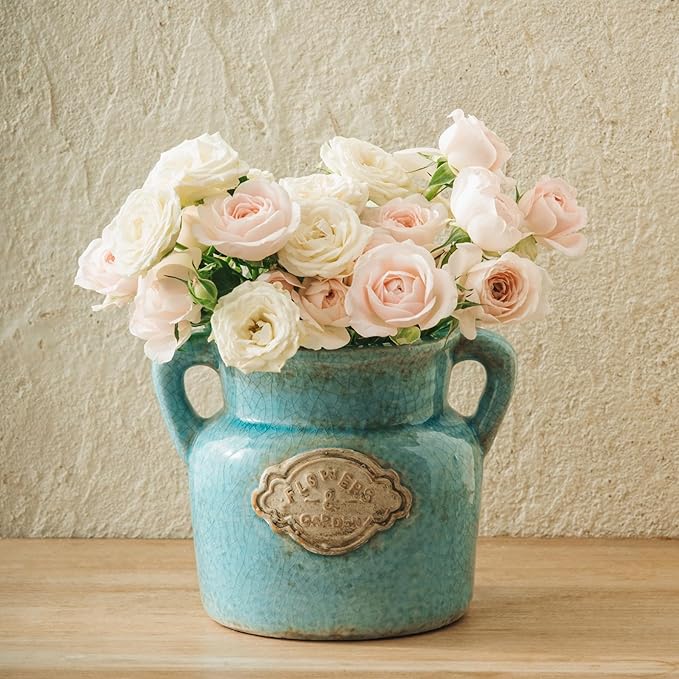 Blue Rustic Ceramic Vase, 5.8 Inch Distressed Wide Mouth Vase with Ice Cracked Glazed, Farmhouse Vintage Flower Vases for Home Office Decor Living Room Bedroom Table Centerpiece Decorations