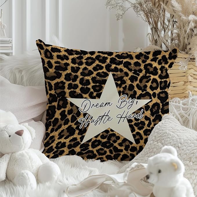 Leopard Star Lucky 8 Ball Inspirational Throw Pillow Covers 18x18, Cheetah Print Room Decor, Trendy Funky Y2K Leopard Print Decorative Pillow Covers for Girls Room Dorm Apartment Home