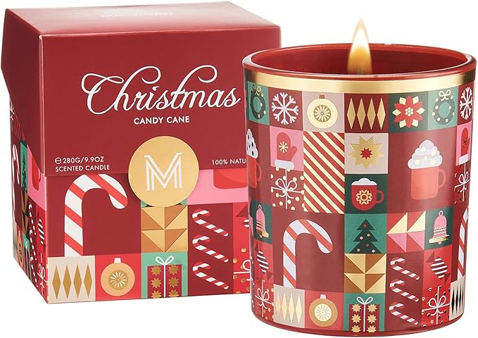 M&SENSE Christmas Candy Cane Scented Holiday Candle for Home, 9.9oz 55Hours Burn Time Clean Non Toxic Natural Soy Wax Fruit Scent Cotton Wick Housewarming Candle Gifts for Family Friends