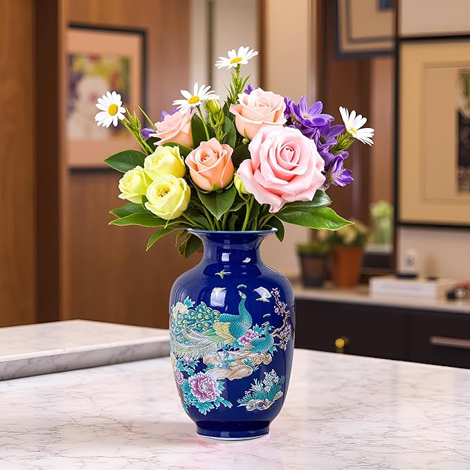 MTME Porcelain Figurines, Jingdezhen Peacock Decorative Flower vase, Home Decor, Wedding Gifts, Aesthetic Sculpture Home décor (Blue)