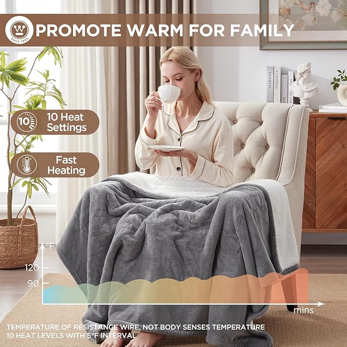 Westinghouse Heated Throw Blanket, Soft Flannel to Sherpa Electric Throw with 6 Heating Levels, 2-10 Hours Time Settings, Fast Heating, Machine Washable 50x60 Inch, Light Grey