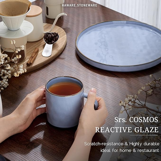 HaWare 14OZ Coffee Mugs Set of 4, Stoneware Coffee Cups with Handle, Latte Mug for Man, Woman, Dad, Mom, Modern Tea Mugs for Latte/Cappuccino/Cocoa/Milk, Dishwasher& Microwave Safe, Reactive Blue