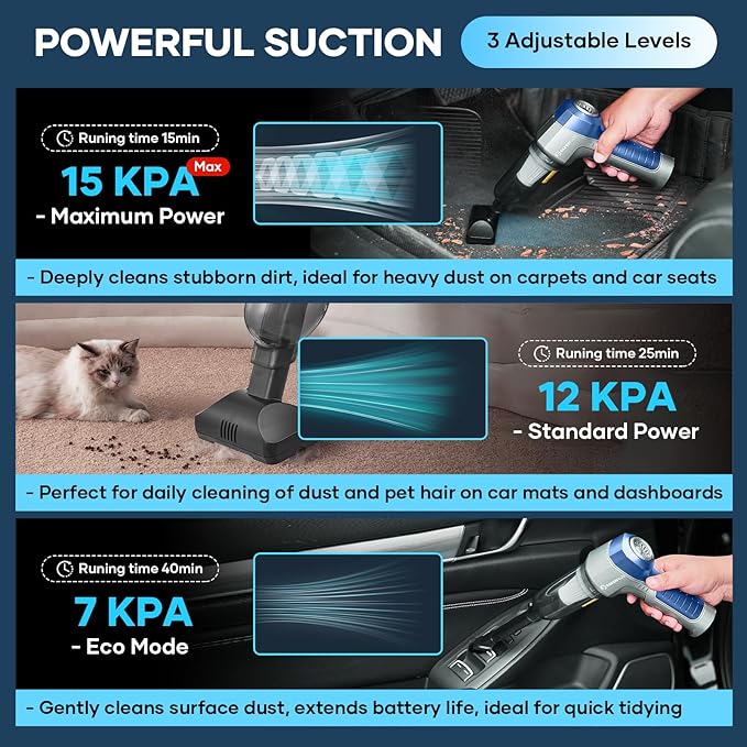 Mini Vacuum Cleaner, 3 in 1 Car Vacuum Cleaner High Power, 15000PA Powerful Suction, Air Duster, 7500mAh, Adjustable Small Vaccum Portable Cordless for Cars,Desktop,Home- Light Blue