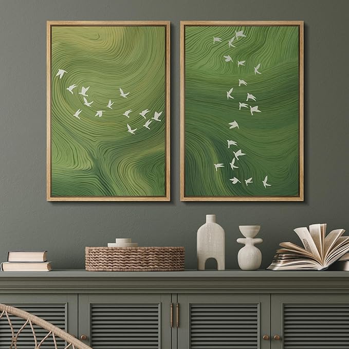 SIGNFORD Framed Canvas Print Wall Art Set Green Swirl Abstract White Birds Illustration Modern Art Decorative Nordic Nature for Living Room, Bedroom, Office - 16"x24"x2 Natural
