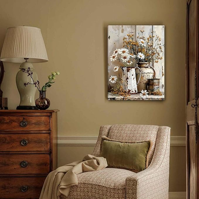 DUWQU 3 PCS Elegant Farmhouse Canvas Wall Art, Vintage Floral Pictures Art Wall Decor, Nature Themed Daisy Art Prints for Living Room Bedroom Kitchen and Office Ready to Hang 16×24 Inches