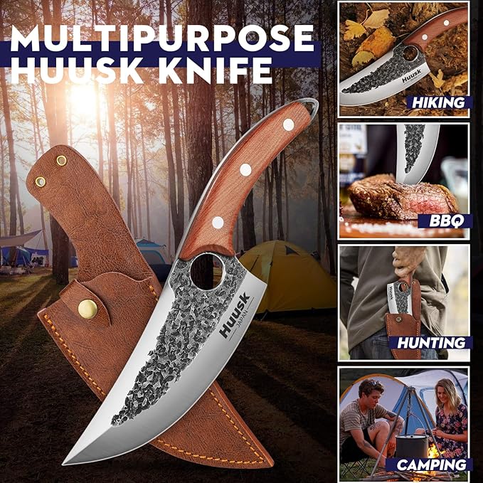 Huusk Knife Japan Kitchen Upgraded Viking Knives with Sheath Hand Forged Butcher Knife for Meat Cutting Japanese Cooking Chef Knives Sharp Meat Cleaver for Outdoor Camping, BBQ