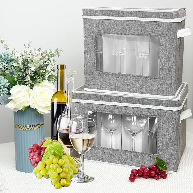 homyfort Grey Stemware Storage Case Organizer - Hard Shell Champagne Flute Storage Box with Dividers for 12 Crystal Glasses