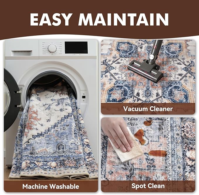Runner 2x6 Runners for Hallways Runner-Rugs for Bedroom Soft Kitchen Machine Washable Vintage Oriental Floral Medallion Laundry Rug Non Slip Blue Rust