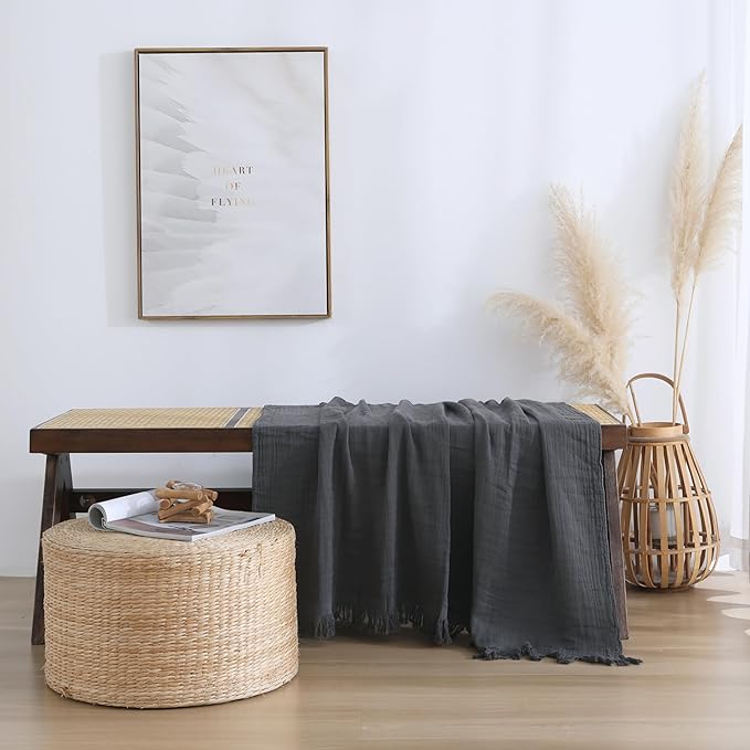 100% Cotton Muslin Throw Blanket for Bed, Couch, Small, Decorative, Soft, Pre-Washed, Breathable and Lightweight Gauze Blanket with Tassels, Suitable for All Seasons, Dark Grey, 50"x60"
