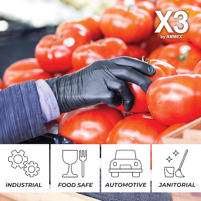 X3 Black Nitrile Disposable Industrial-Grade Gloves 3 Mil, Latex and Powder-Free, Food-Safe, Non-Sterile, Lightly-Textured