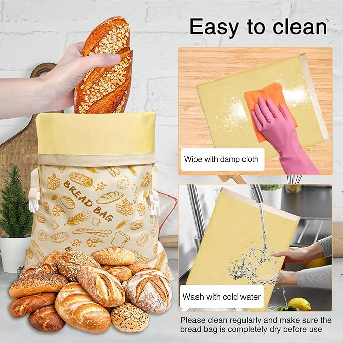 2 PCS Reusable Beeswax Bread Bags for Homemade Bread, Large Capacity Cotton Beeswax Bags, Keep Fresh, Refrigerable, Easy to Clean for Sourdough Storage Baking