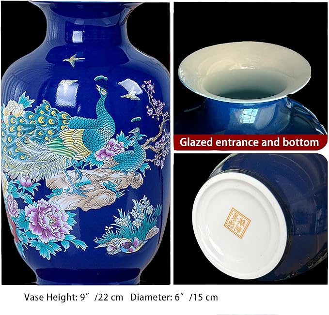 MTME Porcelain Figurines, Jingdezhen Peacock Decorative Flower vase, Home Decor, Wedding Gifts, Aesthetic Sculpture Home décor (Blue)