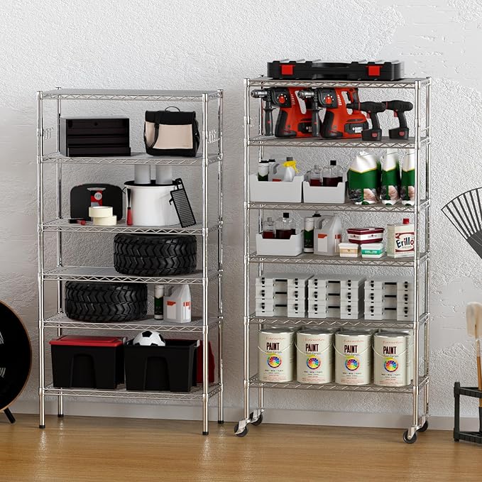 YNN Storage Shelves,6000Lbs 6 Tier Heavy Duty Metal Rolling Shelving Unit with Wheels & 8 Hooks, Adjustable Garage Wire Rack for Kitchen, Bathroom,Industrial,Pantry(36" W x 14" D x 72" H, Chrome)