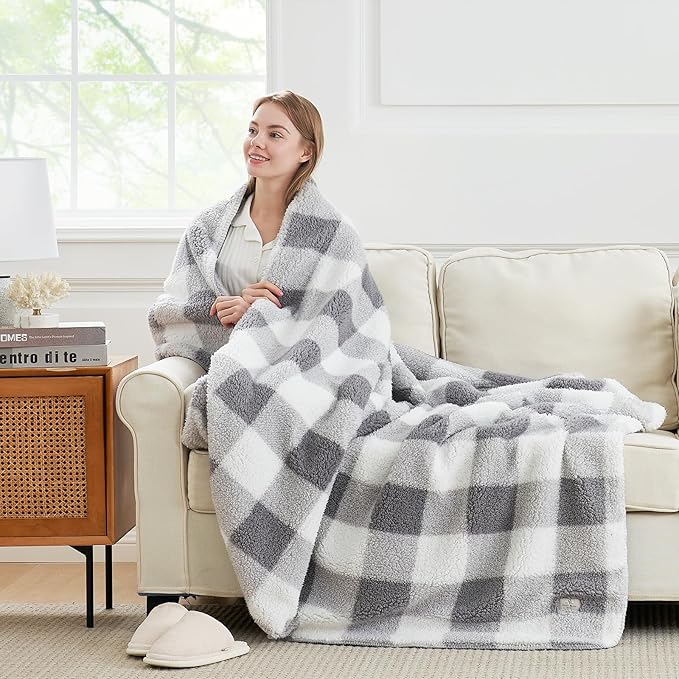 Cozy Bliss Luxury Sherpa Throw Blanket for Couch, Premium Reversible Buffalo Plaid Thick Throw, Warm Cozy Soft Blanket for Home and Gifts (Grey, 50" x 60")