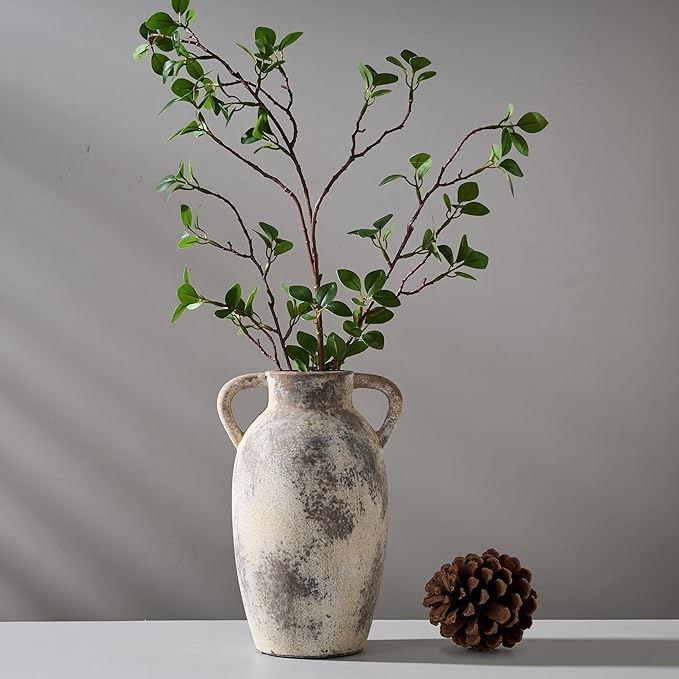9.84 Inch Ceramic Vase with Handles, Tuscan Decor Antique Terracotta Vase, Rustic Decorative Flower Vase for Home Decor, Farmhouse, Living Room, Table, Bedroom, Office, Entrance- Gray
