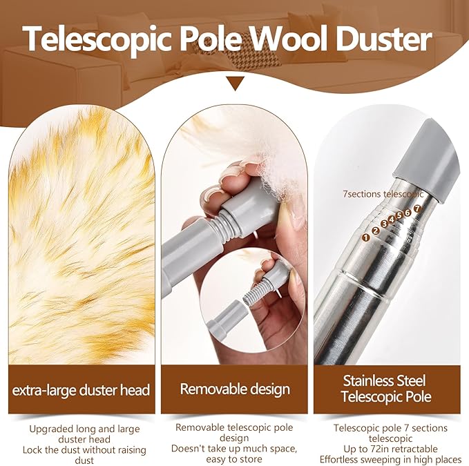 Lambswool Duster for Cleaning with Non-Slip Handle 98.4" Removable Retractable Feather Duster for Cleaning Ceiling Fans Window Blinds Interior Roof Furniture(1PCS)