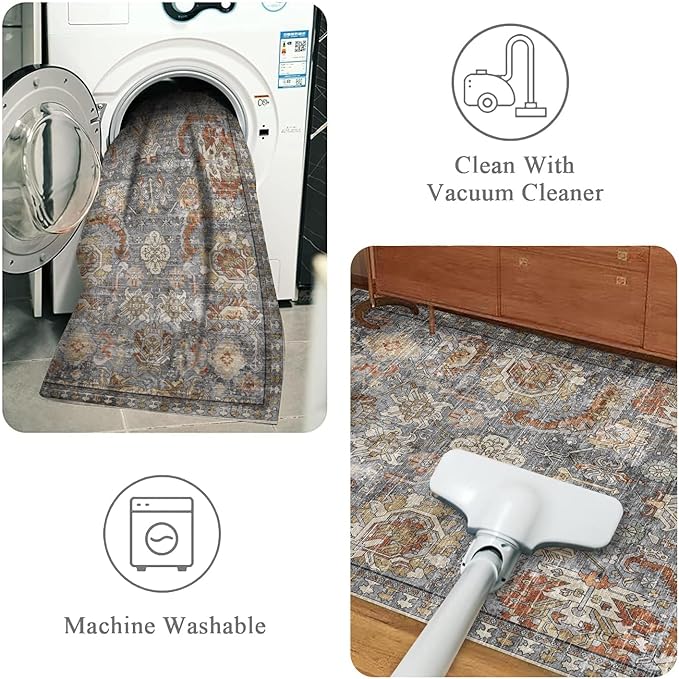RUGSURE Washable Area Rugs - Perfect for Living Room, Bedroom, Kids Room, Nursery - Stain & Water Resistant Non-Slip, Pet & Child Friendly, Vintage Tribal Area Rugs (Turmeric and Grey, 6' x 9')