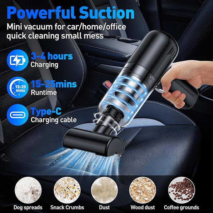 Handheld Car Vacuum Cleaner, 9000Pa Hand Held Vacuum Portable Cordless,2 in 1 Air Duster and Mini Vacuum Cleaner with LED Light, 120W High Power Small Vacuum for Car, Home, Office, Pet(Black)