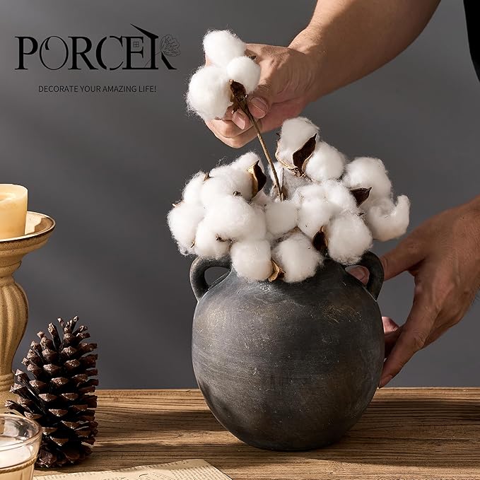 Ceramic Rustic Vase for Home Decor, 5.8 Inch Terracotta with Handles, Vintage Decorative for Flowers, Plants, Living Room, Table, Thanksgiving - Black Bronze