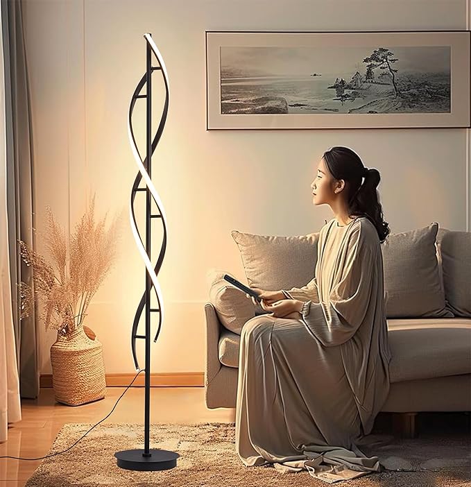 NKU Spiral Floor Lamp for Living Room Modern LED Floor Light with Remote Dimmable Control Sleek Spiral Design Corner Lamp for Bedroom, and Office Lighting Tall Standing Floor Lamp Black 63 inch