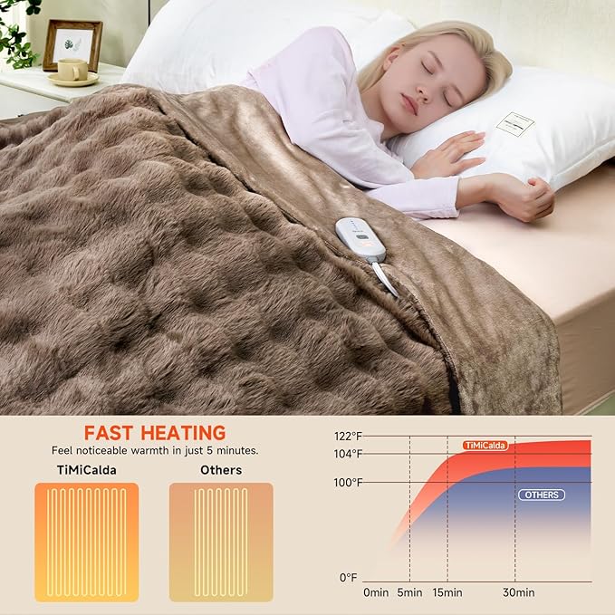 Heated Blanket Electric King- 100"x90" Soft Thick Bubble Electric Blanket for Sofa with 5 Heat Levels & 10 Hours Auto-Off Overheat Protection, Warm Cozy Gifts, Beige