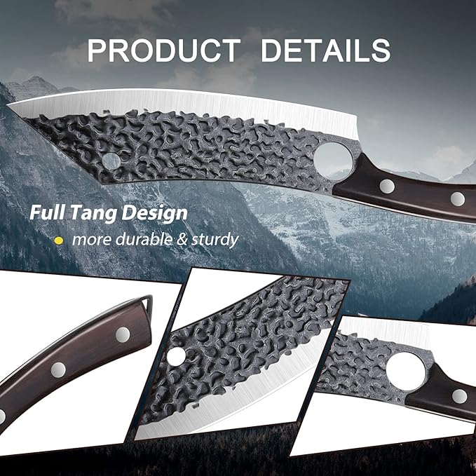Purple Dragon Kitchen Knife 8 Inch Ultra Sharp Japanese Butcher Knife for Meat Cleaver Vegetable Cutting with Finger Hole Hand Forged High Carbon Steel Chef Knife Gifts for Father Dad